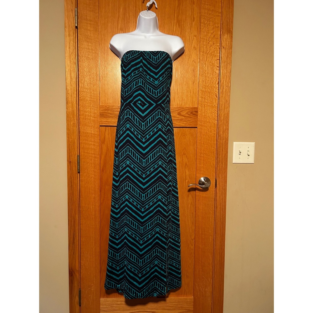 Vintage Y2K Charlotte Russe Teal Navy Chevron Strapless Maxi Dress Twist Back L